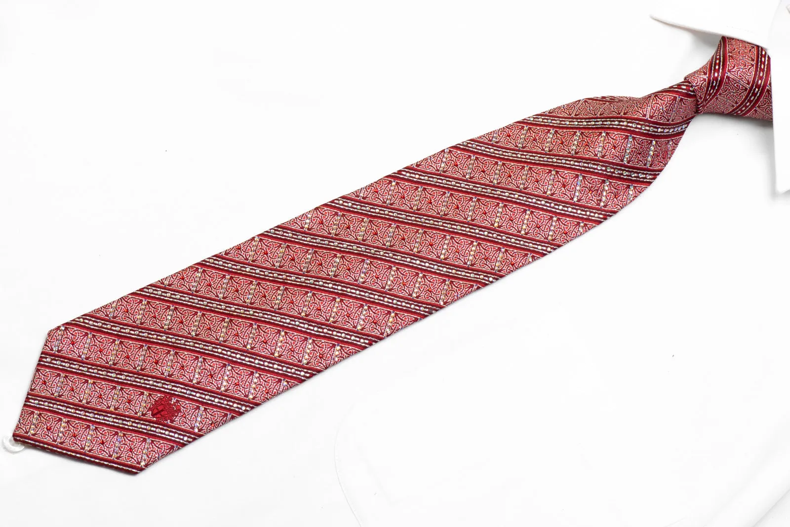 Rhinestone Silk Necktie Striped Cartouche On Red Burgundy With Sparkles