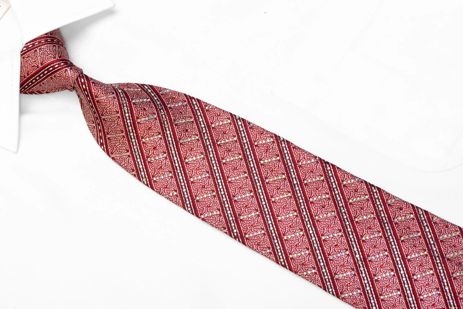 Rhinestone Silk Necktie Striped Cartouche On Red Burgundy With Sparkles