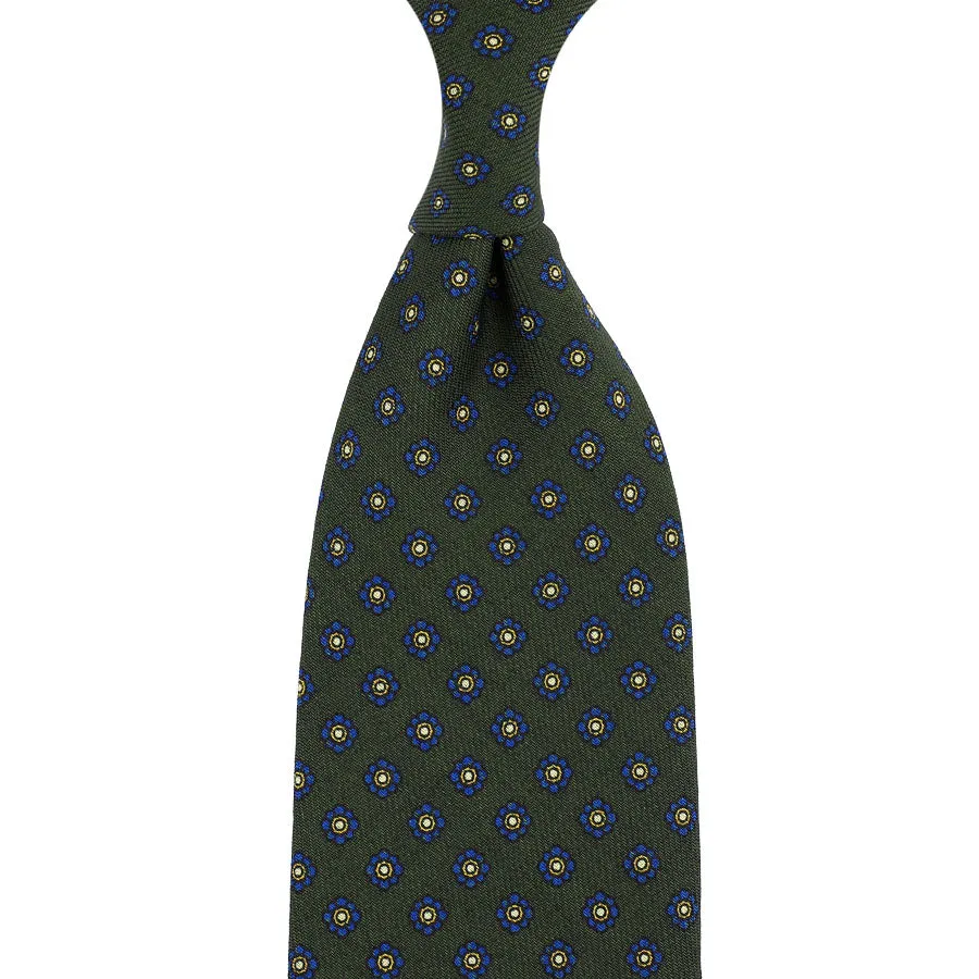 Shibumi-Flower Printed Wool Challis Tie - Dark Olive