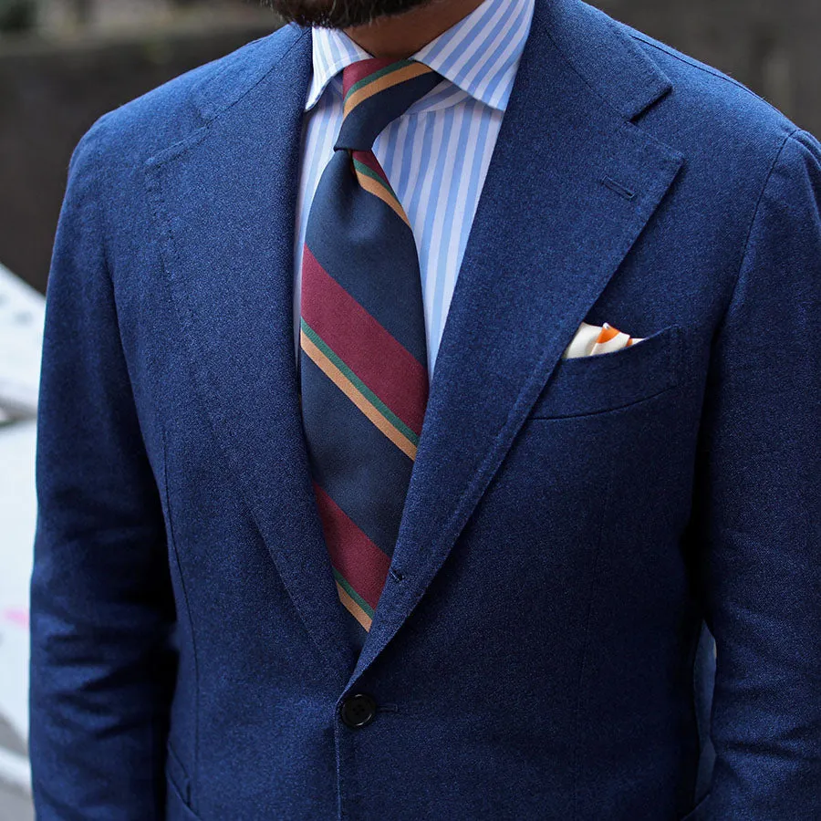 Striped Wool / Cotton Tie - Navy / Burgundy - Hand-Rolled