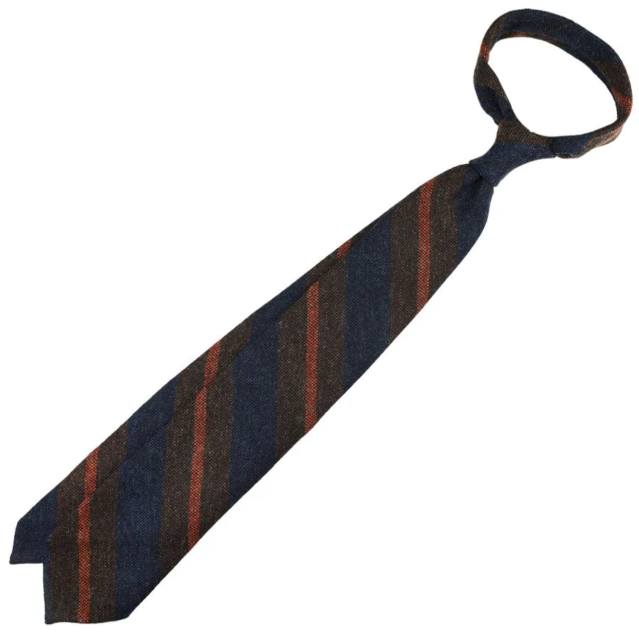 Striped Wool Tie - Navy / Brown / Rust - Hand-Rolled